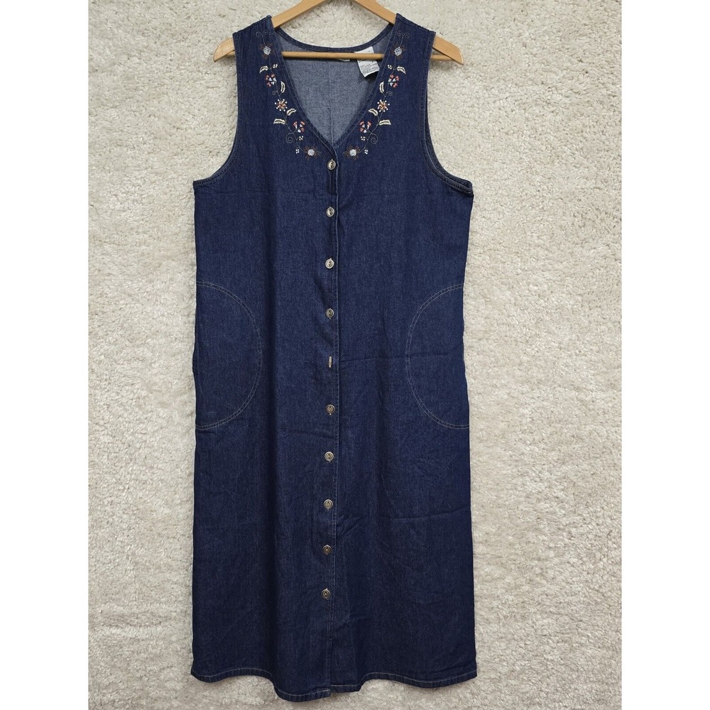 White Stag Womens Blue Denim Embroidered Snap Dress Large Western Modest Midi